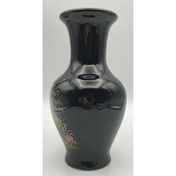 Vintage Japanese Cranes Floral Gold Accent Black Porcelain Vase 8" PRETTY - Picture 3 of 7